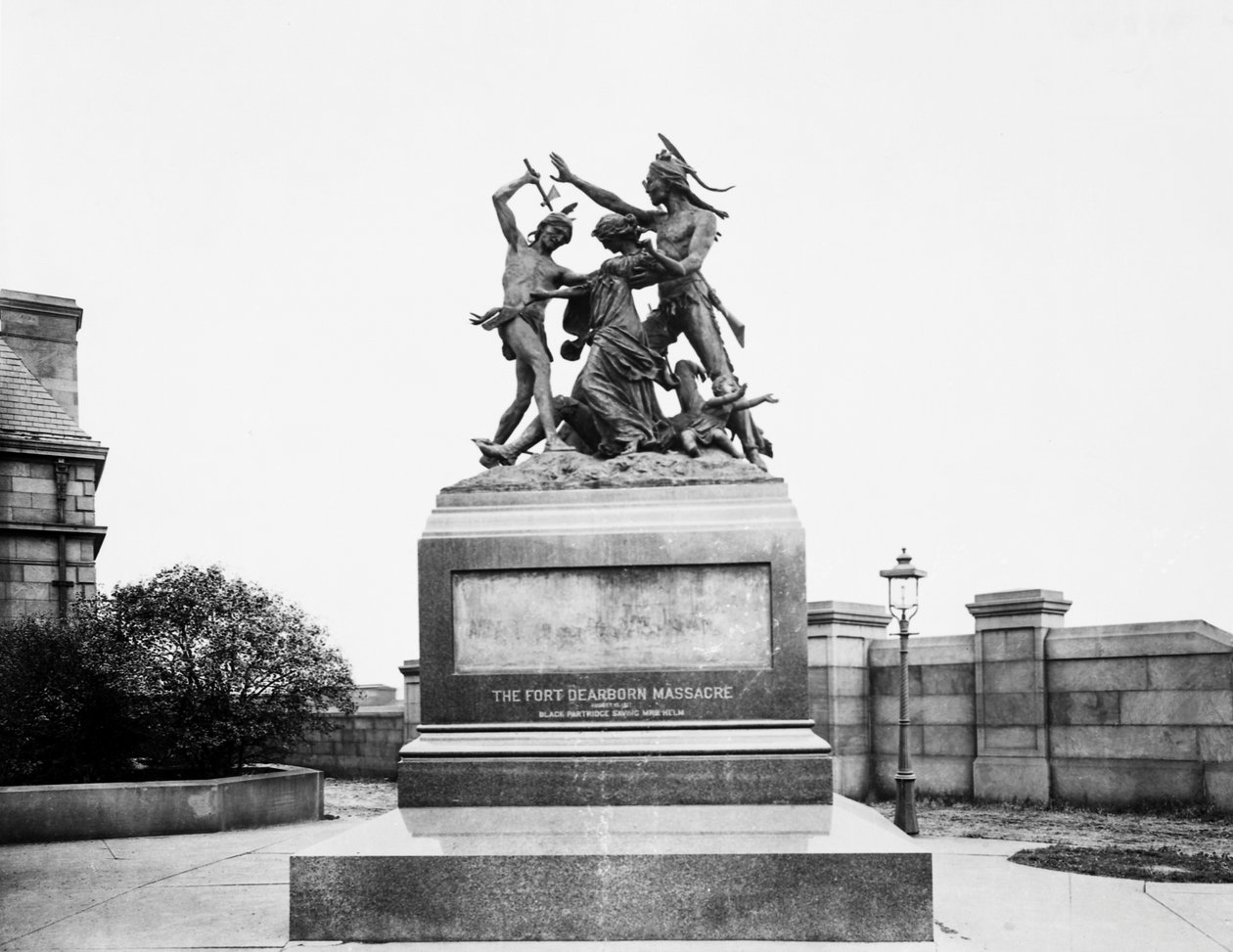 Fort Dearborn Massacre Monument på Calumet Street och 18th Avenue, Chicago, Illinois, USA, ca 1900 (s/v foto) av Barnes and Crosby
