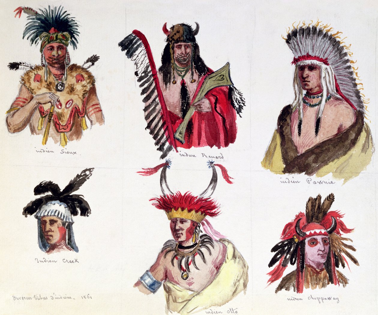 Porträtt av sex indianer från stammarna Sioux, Renard, Pawnee, Creek, Otto och Chippewa, 1861 av Maurice Sand
