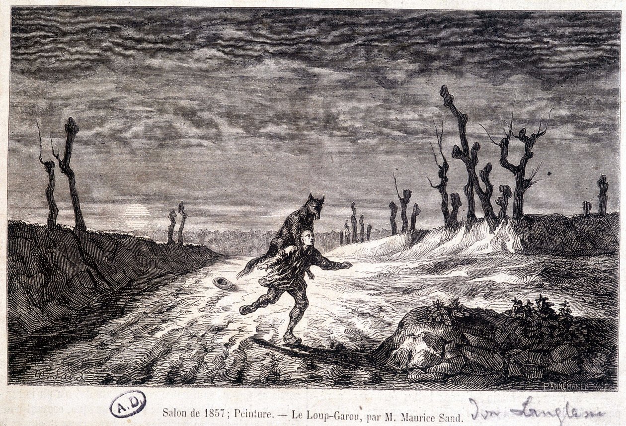 Varulv (varulv) attackerar en man - från ap. målning av Maurice Sand utställd på salongen 1857. av Baron Dudevant Jean Francois Maurice (after) Sand