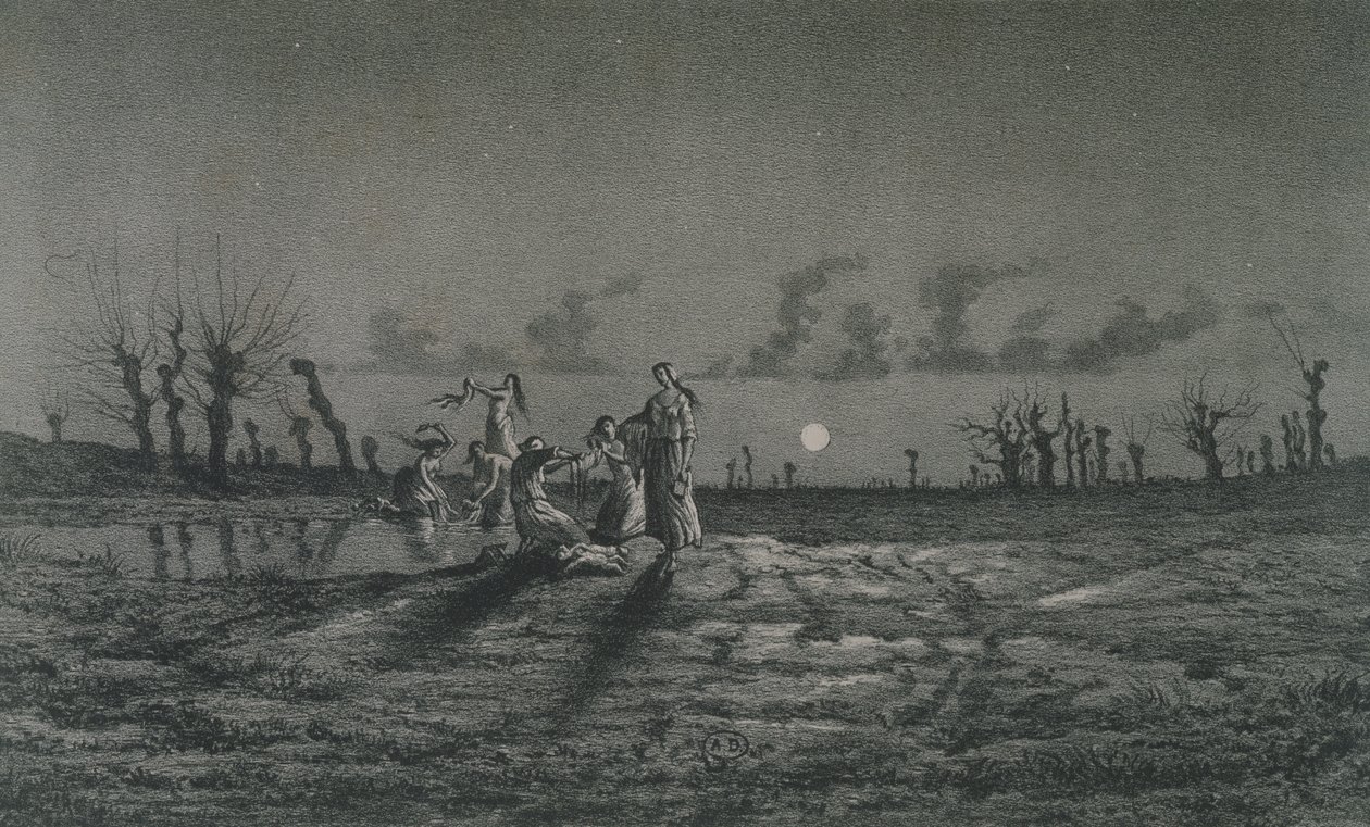 The Lavandieres or the Night Washerwomen, illustration för Legendes Rustiques av George Sand (1804-76) 1858 av Maurice Sand