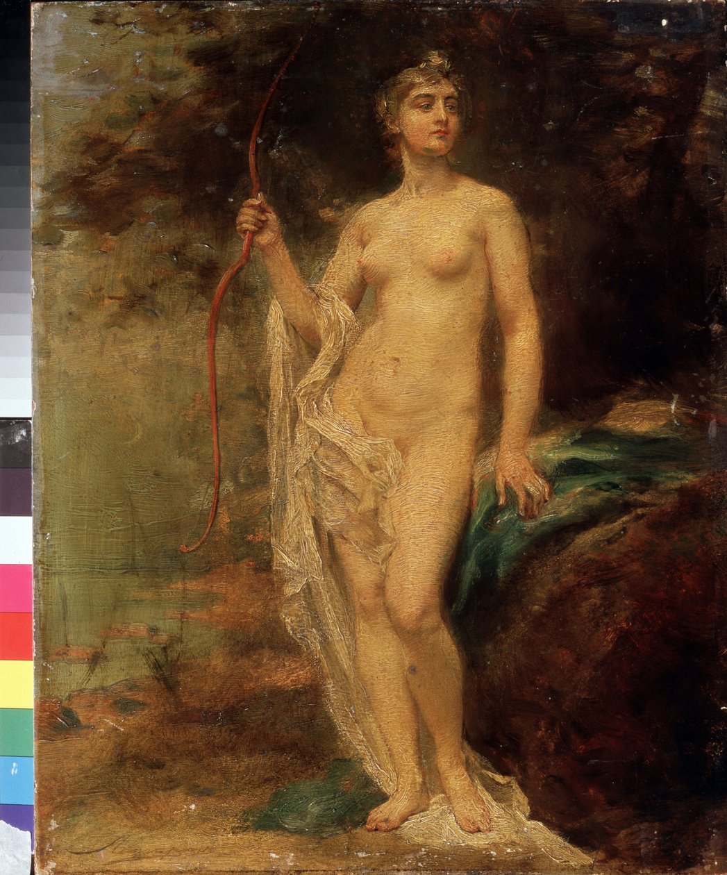 Diana (Diana). Den nakna gudinnan håller sin båge, hennes ansikte högmodigt, nära en flod i skogen. Målning av Ernest Karlovich Liphart (1847-1932), olja på duk. rysk konst av Baron Ernest Friedrich von Liphart