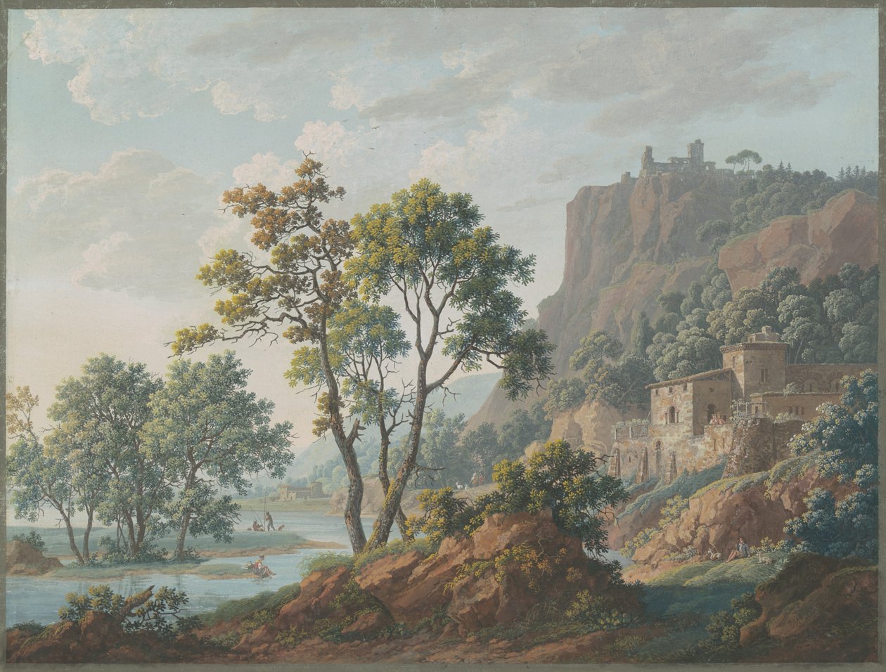 Flodlandskap med slott och fiskare av Baron Louis Albert Guillain Bacler d