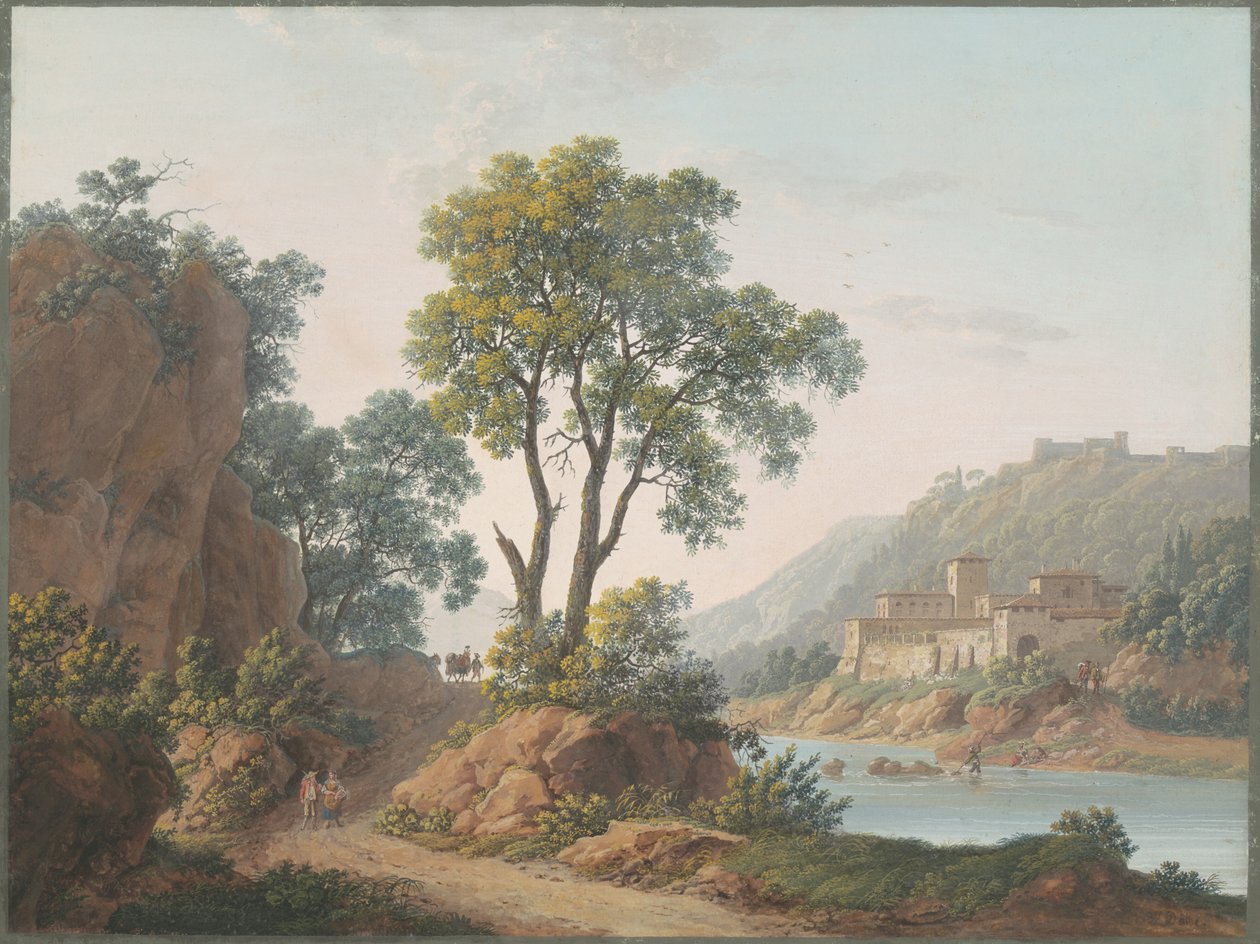 Flodlandskap med slott och resenärer av Baron Louis Albert Guillain Bacler d