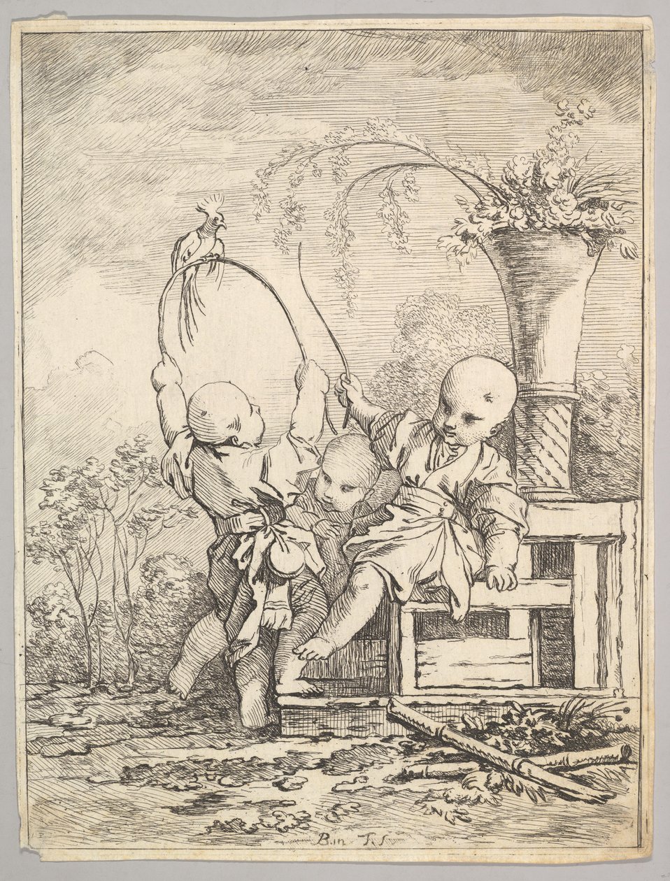 Kinesiska barn som leker med en papegoja, 1760-70. av Baron de Thiers Louis Antoine Crozat