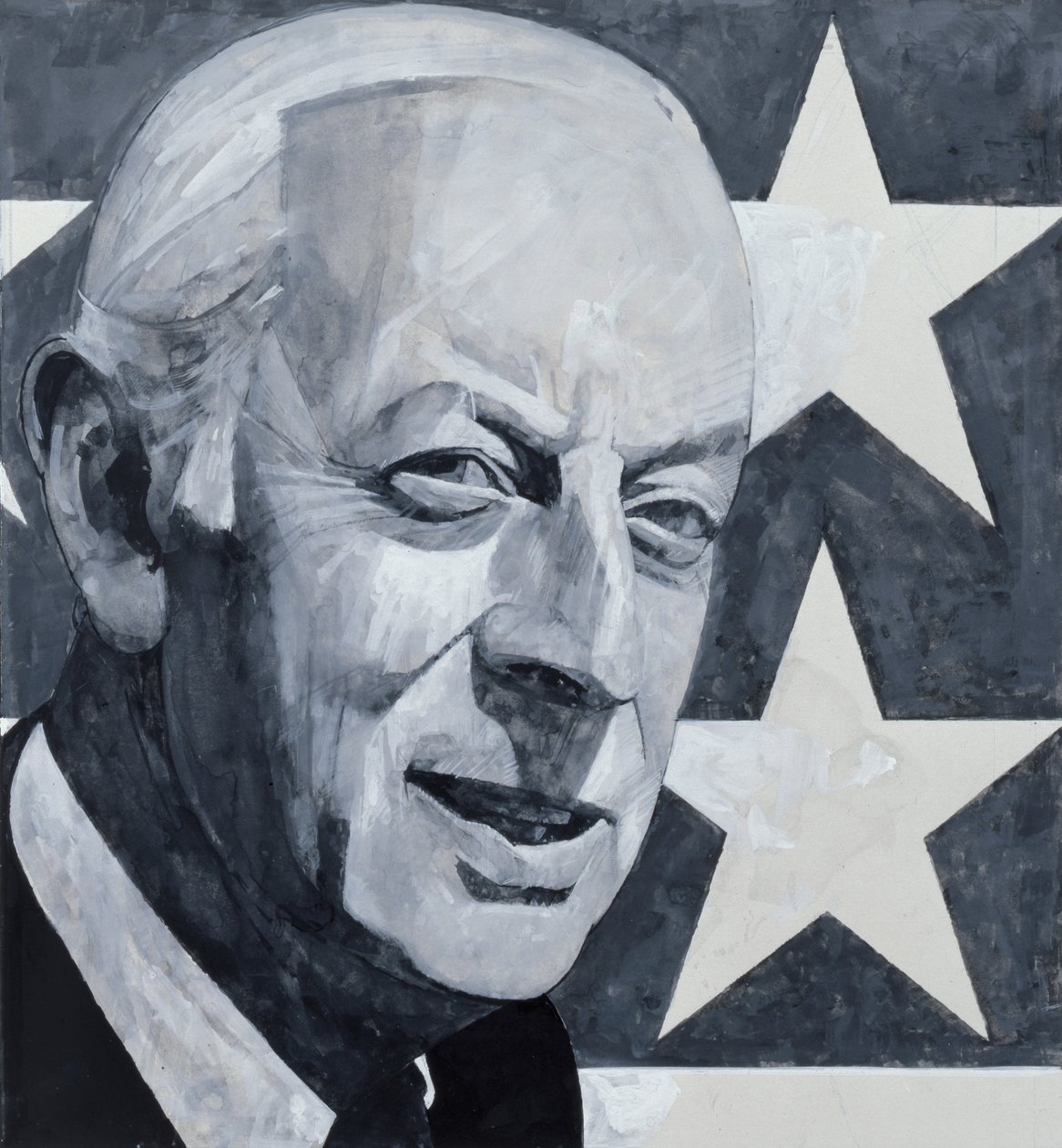 Porträtt av Alistair Cooke, illustration för The Listener, 1970-talet (gouache ombord) av Barry Fantoni