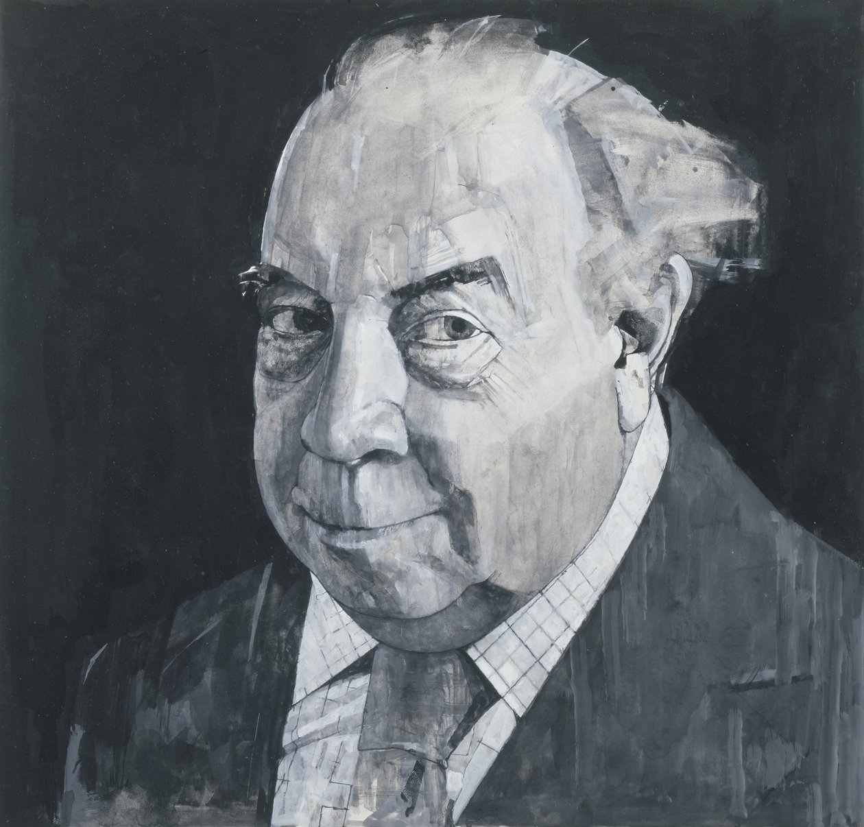 Porträtt av J.B. Priestley, illustration för The Listener, 1970-talet (gouache och penna ombord) av Barry Fantoni