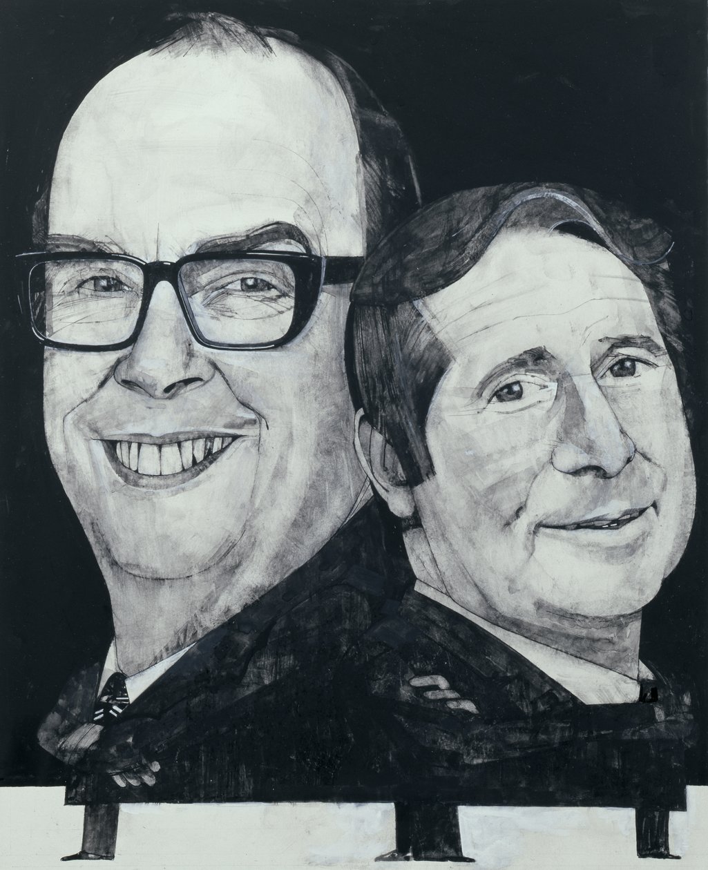 Porträtt av Morecambe och Wise, illustration för The Listener, 1970-talet (gouache ombord) av Barry Fantoni
