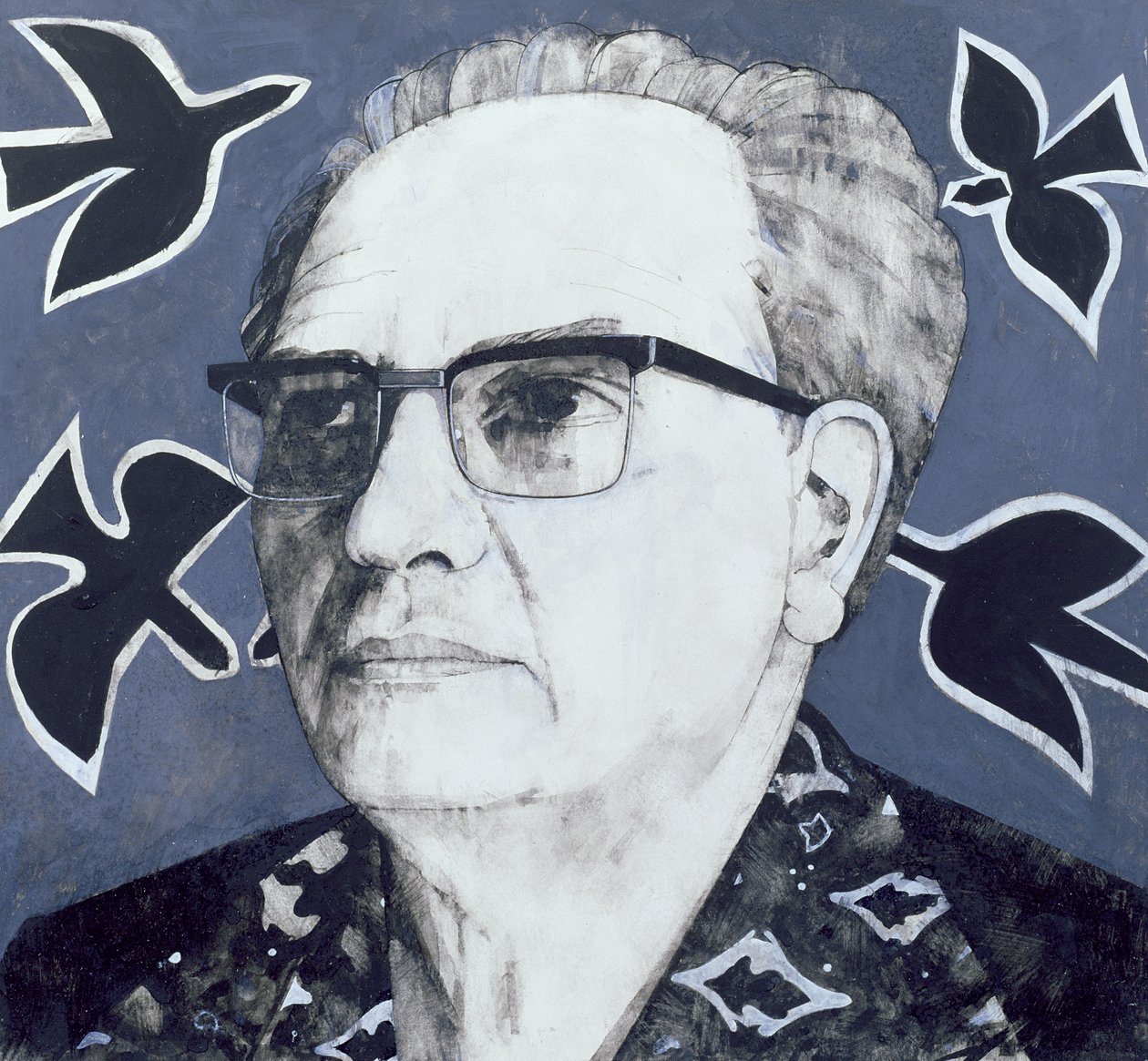Porträtt av Olivier Messiaen, illustration för The Sunday Times, 1970-talet (gouache ombord) av Barry Fantoni