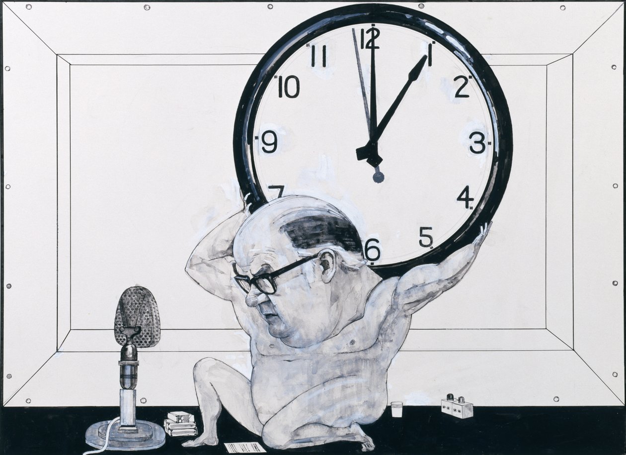 Porträtt av William Hardcastle, illustration för The Radio Times, 1970-talet (gouache och penna och bläck ombord) av Barry Fantoni