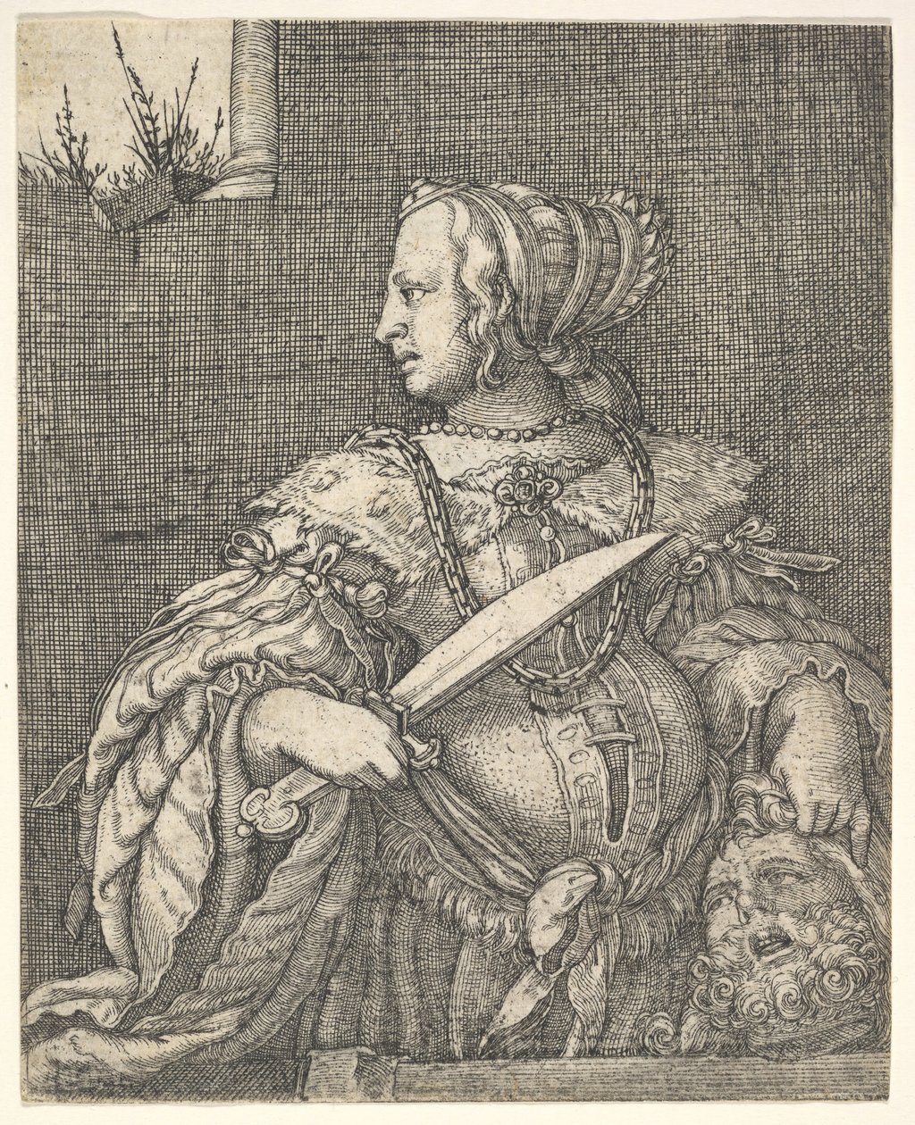 Judith, halvlång och i profil till vänster, ett svärd i höger hand och huvudet på Holo.... av Barthel Beham