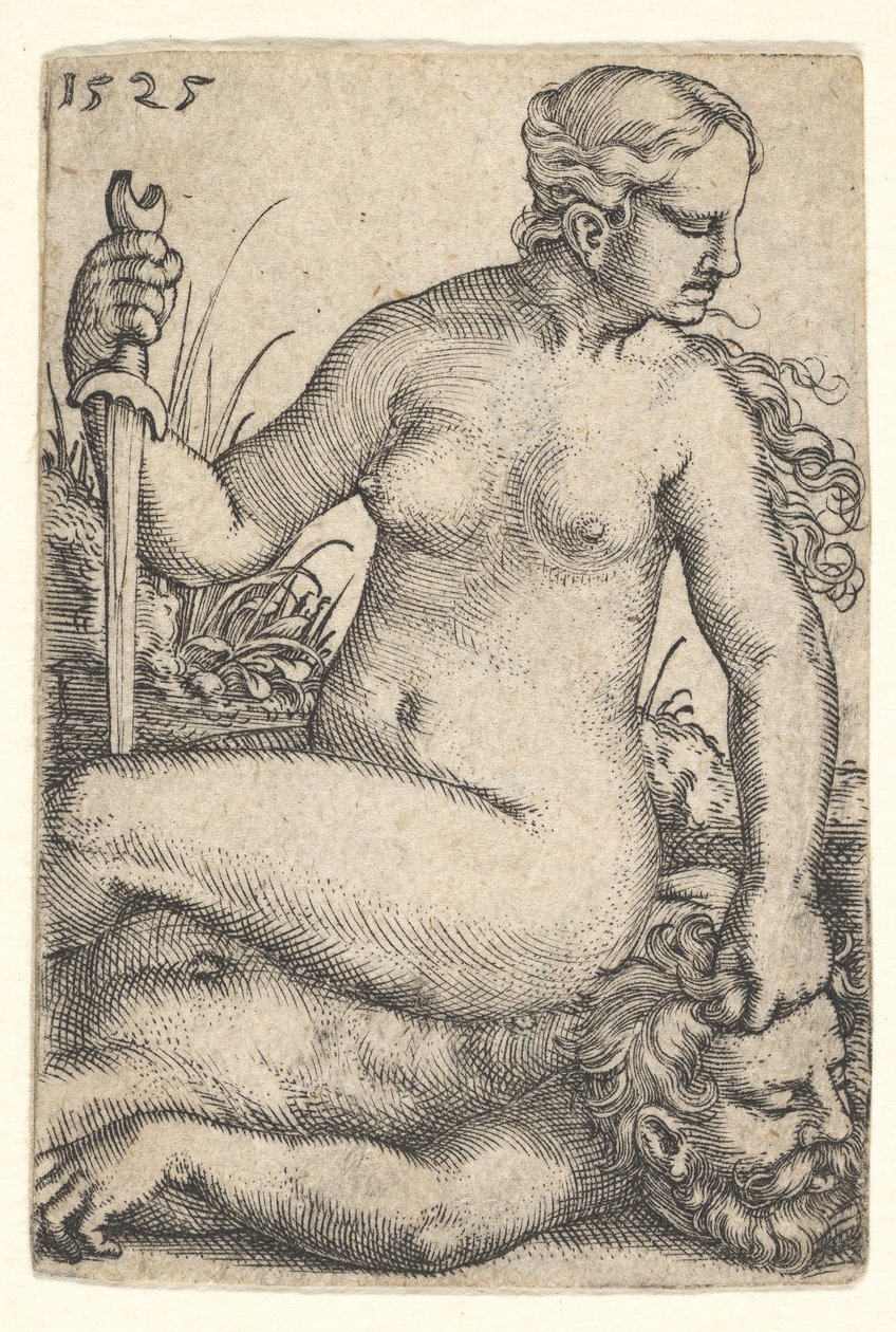 Judith, tittar åt höger, sittande naken ovanpå Holofernes döda kropp, med en sv..., 1525. av Barthel Beham