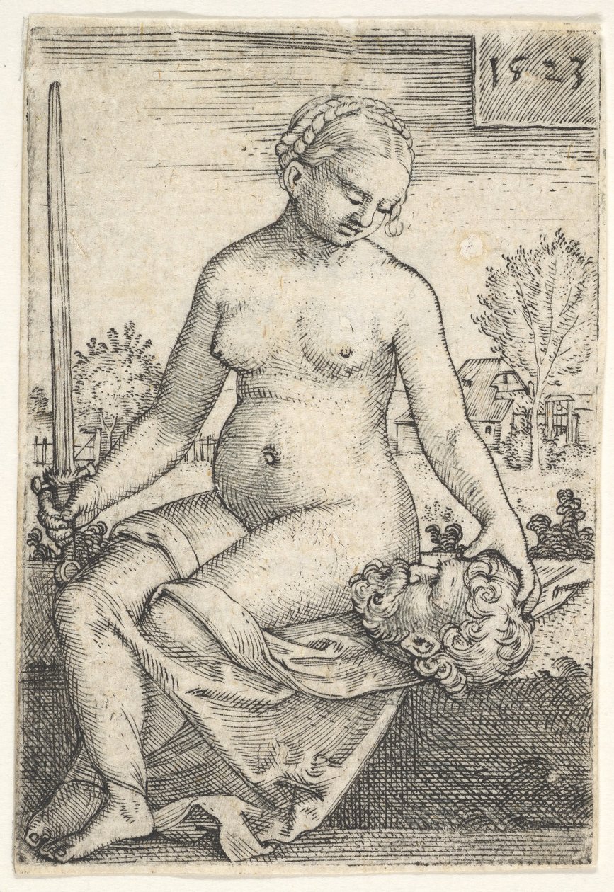 Judith, sittande naken med ett svärd i sin högra hand, stirrade ner på huvudet av Holofernes ..., 1523. av Barthel Beham