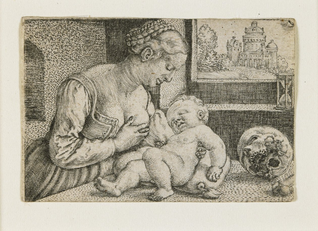 Mor och barn med skalle och timglas, ca. 1528-1530 av Barthel Beham
