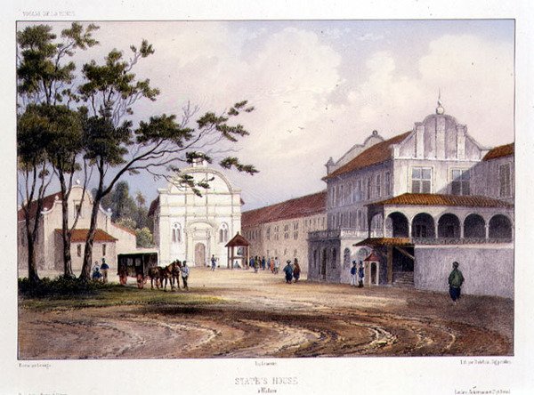 Statens hus i Malacka, graverad av Alfred Leon Lemercier, ca 1840 (handfärgad litho) av Barthelemy (after) Lauvergne