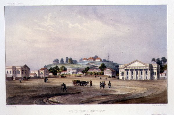 Vy över ett protestantiskt tempel, Singapore, graverad av Alfred Leon Lemercier, ca 1840 (handfärgad litho) av Barthelemy (after) Lauvergne