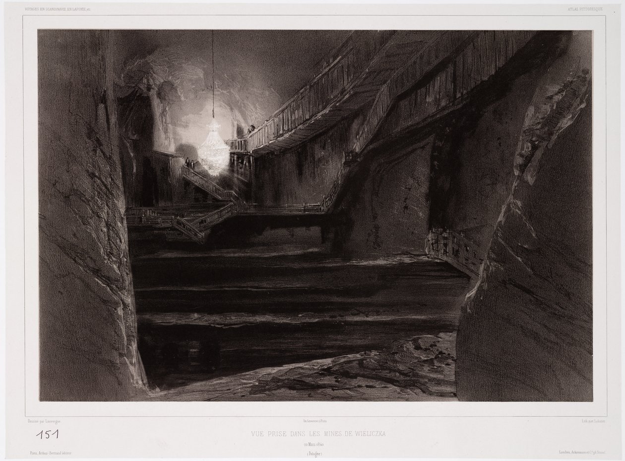 Utsikt tagen i gruvorna i Wieliczka, Polen, 20 mars 1840, graverad av Sabatier (tonad litho) av Barthelemy after Lauvergne