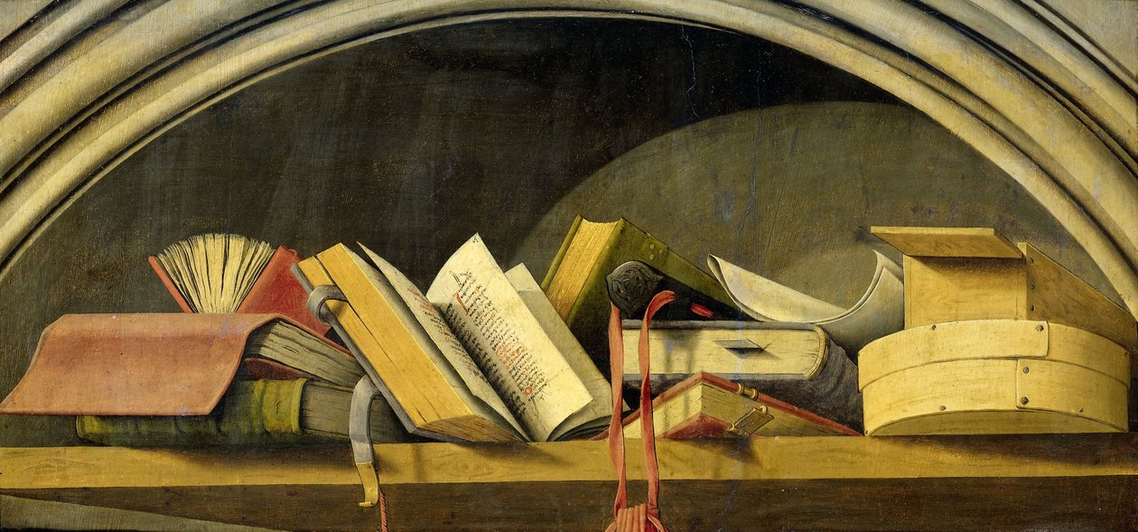 Stilleben med böcker i en nisch, 1442-45 av Barthelemy dEyck