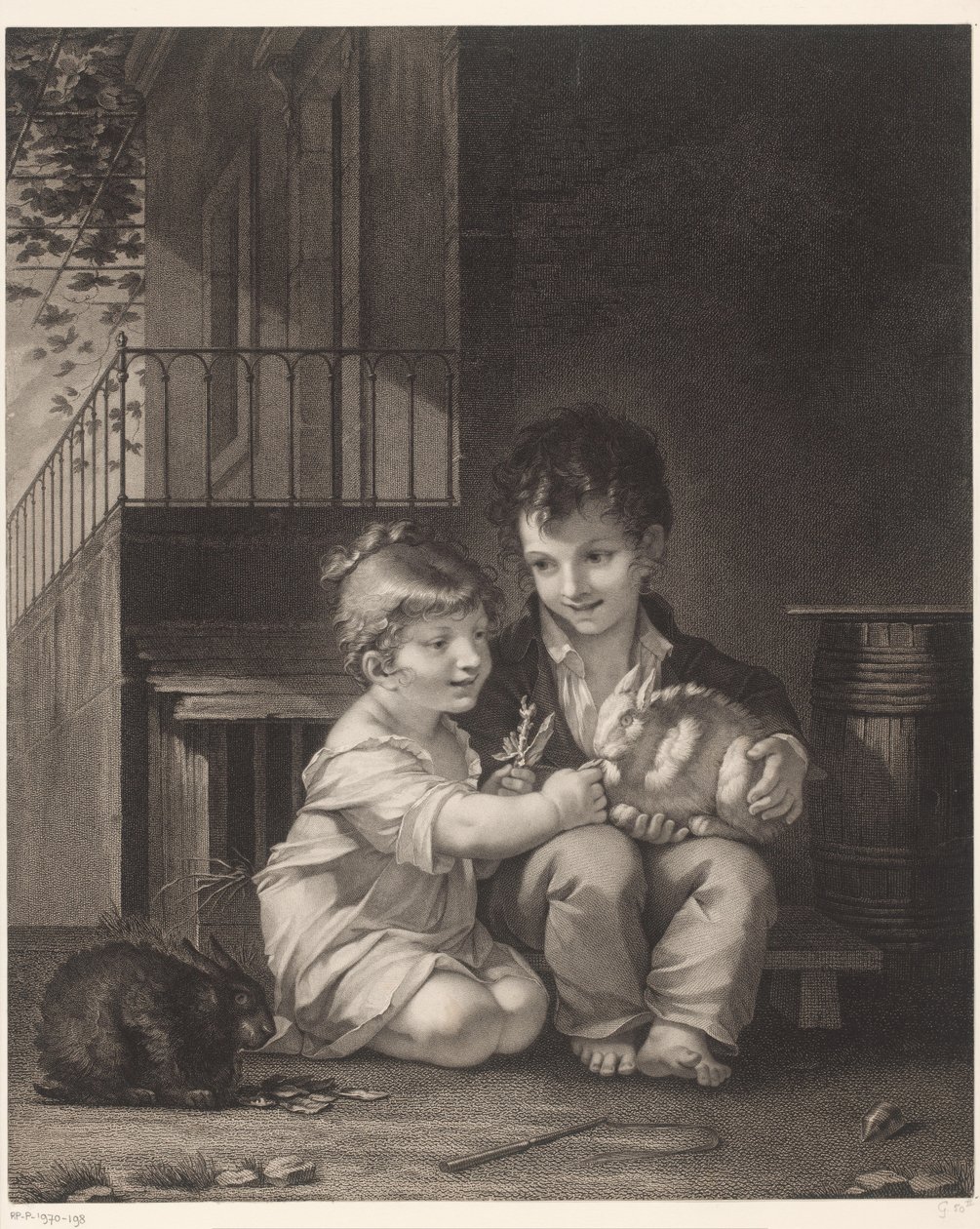 Två ungar med kaniner Mange mon petit, mange av Barthélémy Joseph Fulcran Roger