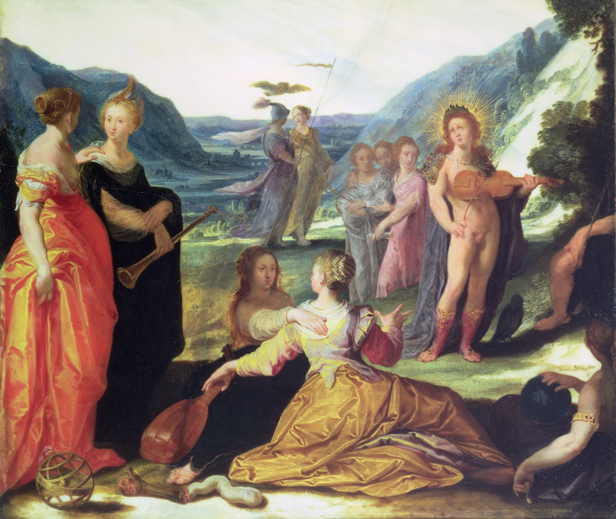 Apollo, Pallas och muserna, 1500-talet (olja på marmor) av Bartholomaeus Spranger