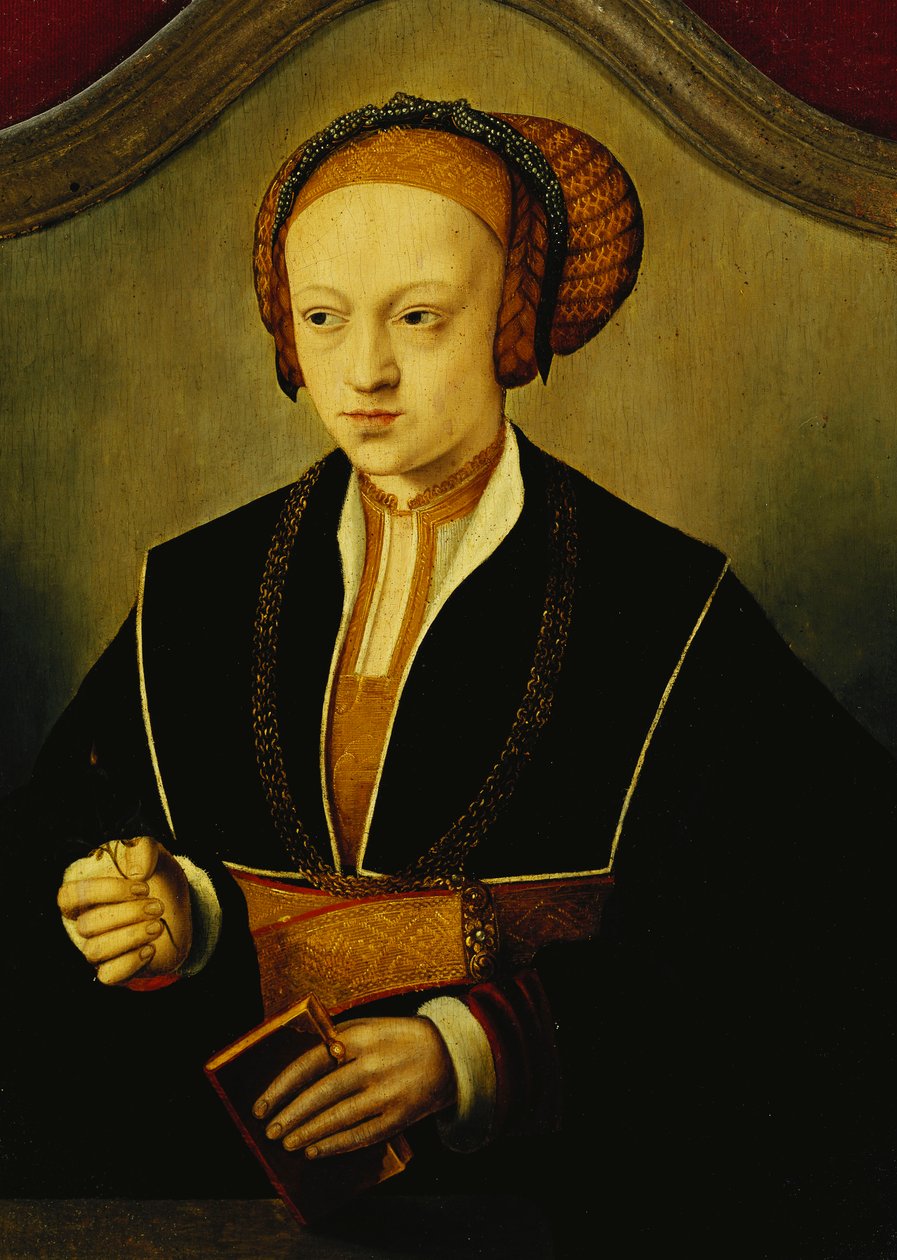 Porträtt av en dam som sägs vara prinsessan Sibylle av Cleve, halvlängd, iklädd en svart kostym, guldkedja och en utarbetad huvudbonad, håller en bok och en rosenknopp, av Bartholomaeus Bruyn