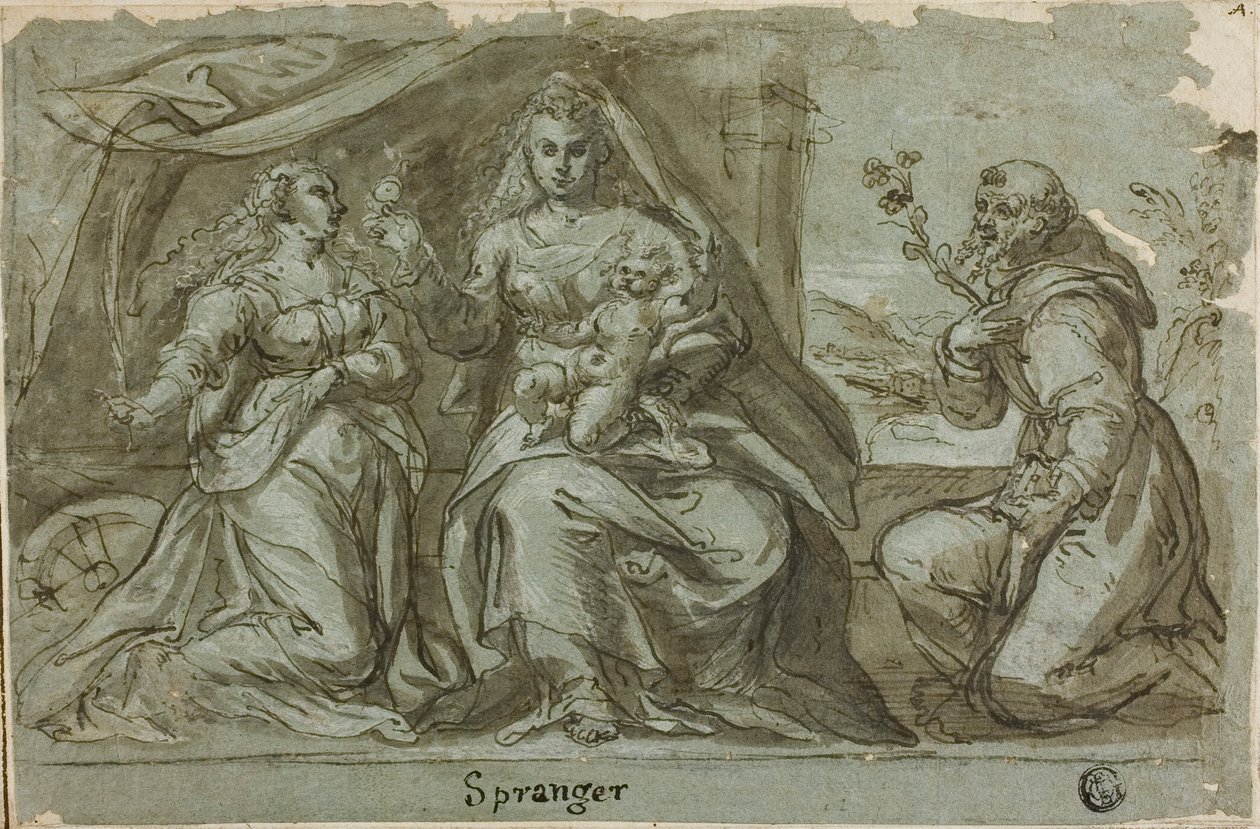 Madonna och barn med Saints Catherine och Dominic av Bartholomaeus Spranger