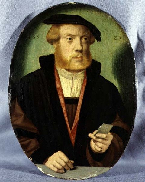 Ett porträtt av en ung man som bär en pälsfodrad cape av Bartholomaeus the Elder Bruyn