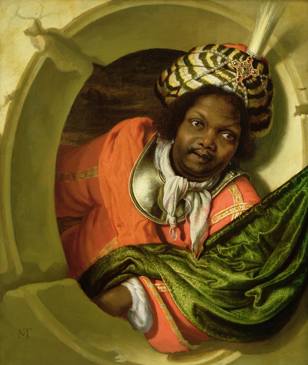 Porträtt av en mor som håller en flagga vid ett fönster av Bartholomaus Maton