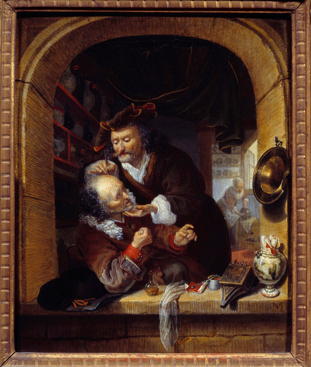 Medicin: "" en läkare gör en liten blödning för att behandla sin patients huvudvärk"" Målning av Bartholomeus Maton (1643-1684) 1600-talets sön. 0,27x0,21 m Paris, Musee du Petite Palais av Bartholomaus Maton