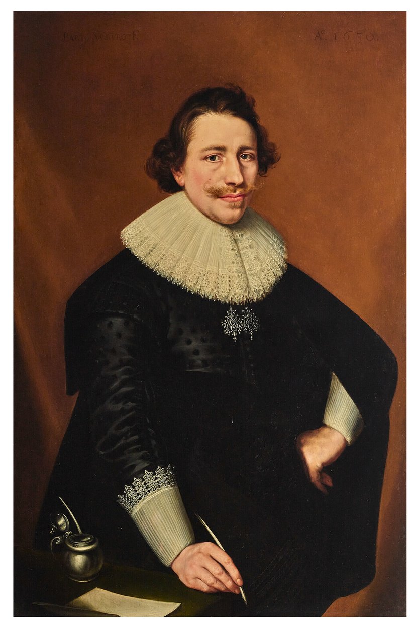 Porträtt av en herre, trekvartslängd, hållande i en fjäderpenna; av Bartholomeaus Sarburgh