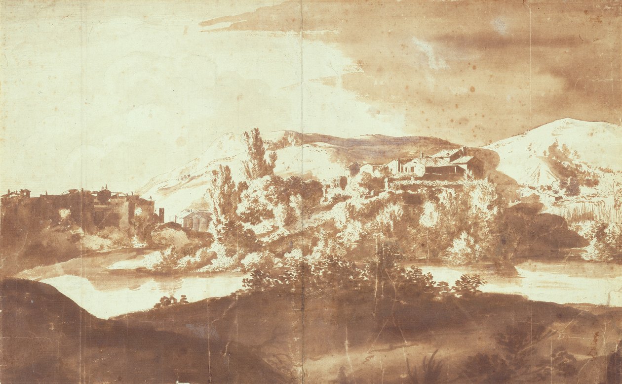 Italian Village on a River, ca 1627 (penna och bläck med tvätt över grafit på papper) av Bartholomeus Breenbergh