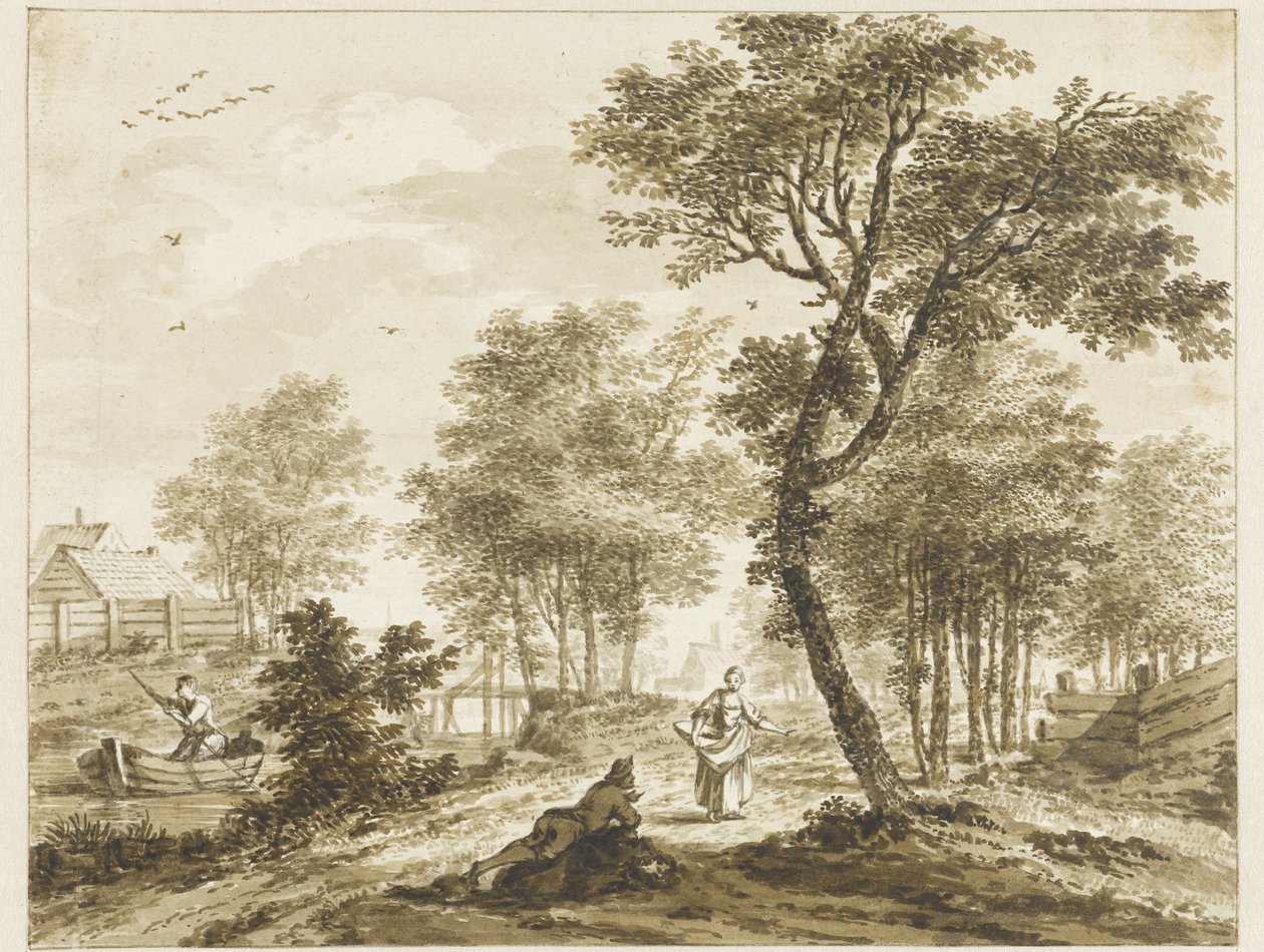 Landskap med figurer och till vänster en man i en punt av Bartholomeus Barbiers