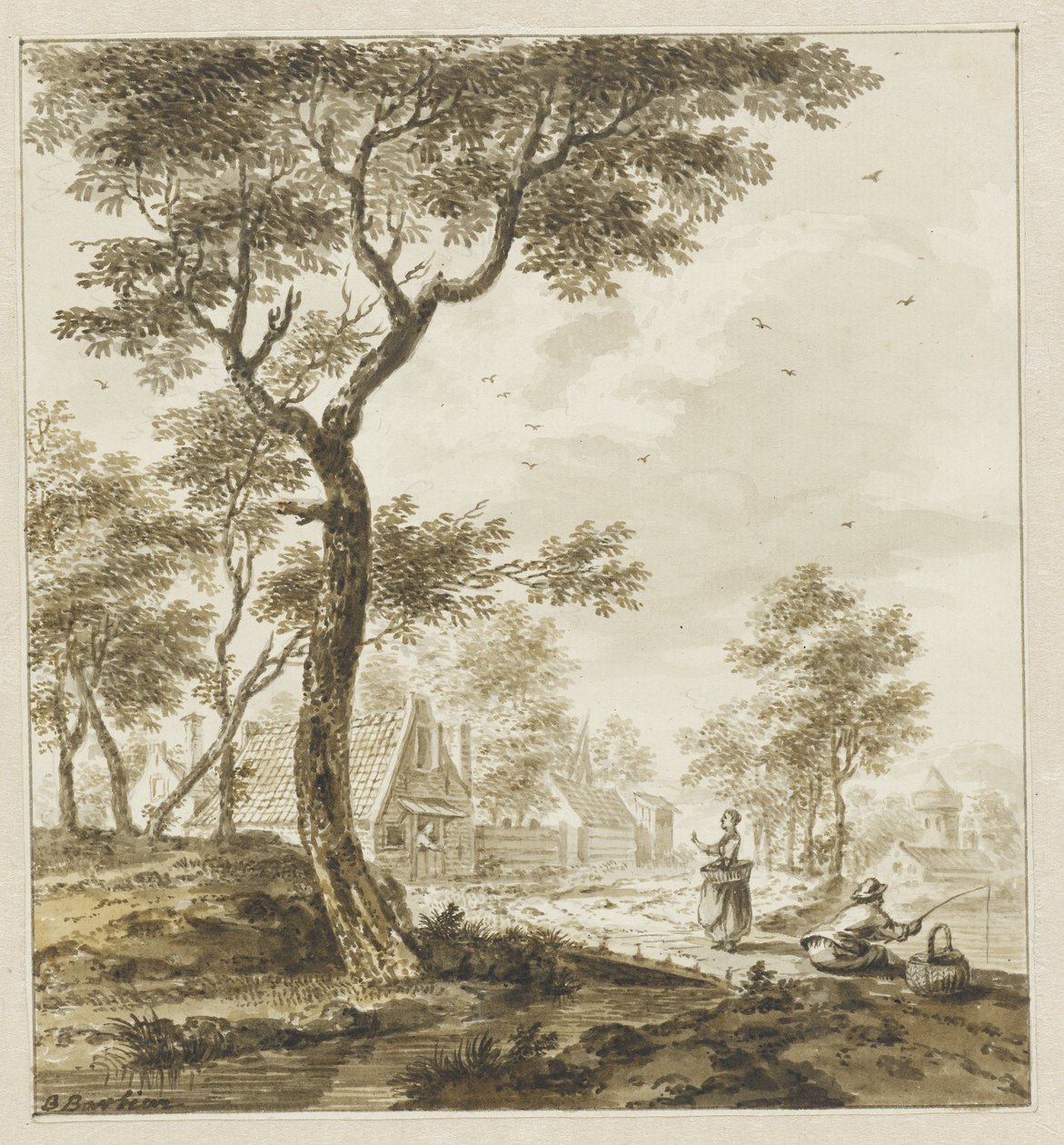 Landskap med figurer och en sportfiskare till höger av Bartholomeus Barbiers