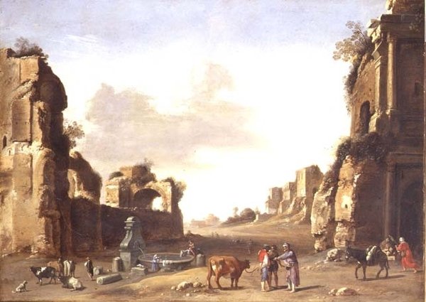 Klassiska ruiner med bönder som vattnar sina djur av Bartholomeus Breenbergh