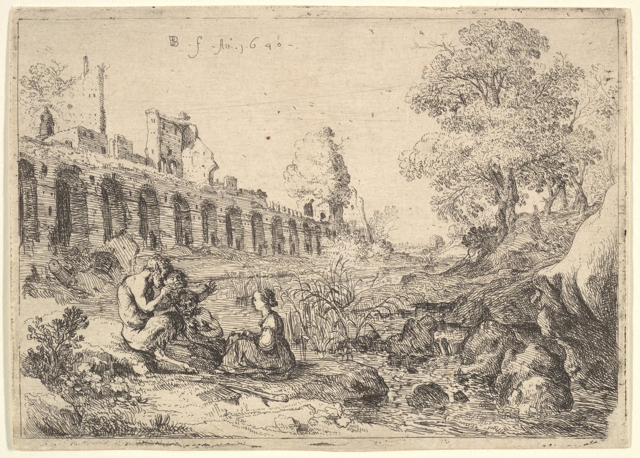 Korsika sittande framför satyrer på stranden av en flod, från ett par tallrikar för Battista Gu..., 1640. av Bartholomeus Breenbergh