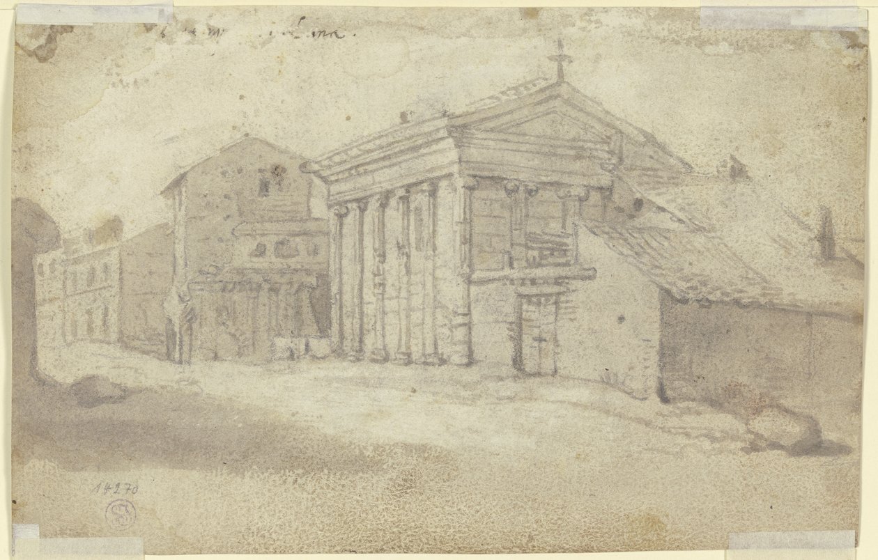 Gata med antikt tempel i jonisk ordning, numera en kristen kyrka med tillagd pelarrad av Bartholomeus Breenbergh