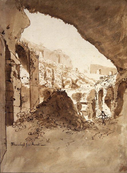 Utsikt inuti Colosseum (svart krita, penna & brunt tvätt på papper) av Bartholomeus Breenbergh