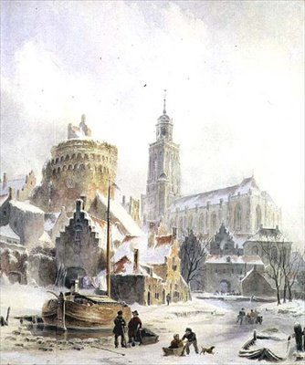 Barn som leker på en frusen flod, Deventer-katedralen bortom av Bartholomeus Johannes van Hove