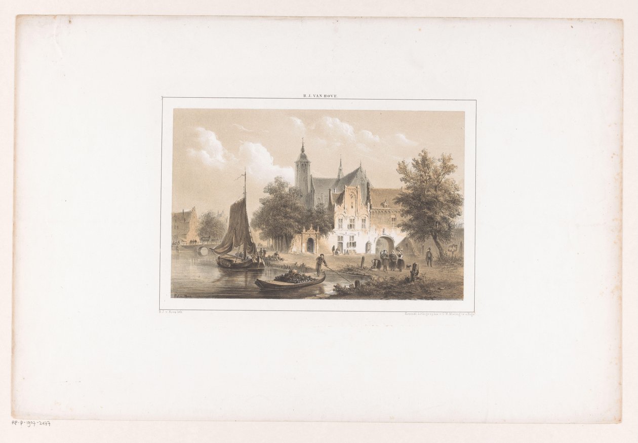 Stadsbild med flod och kyrka av Bartholomeus Johannes van Hove
