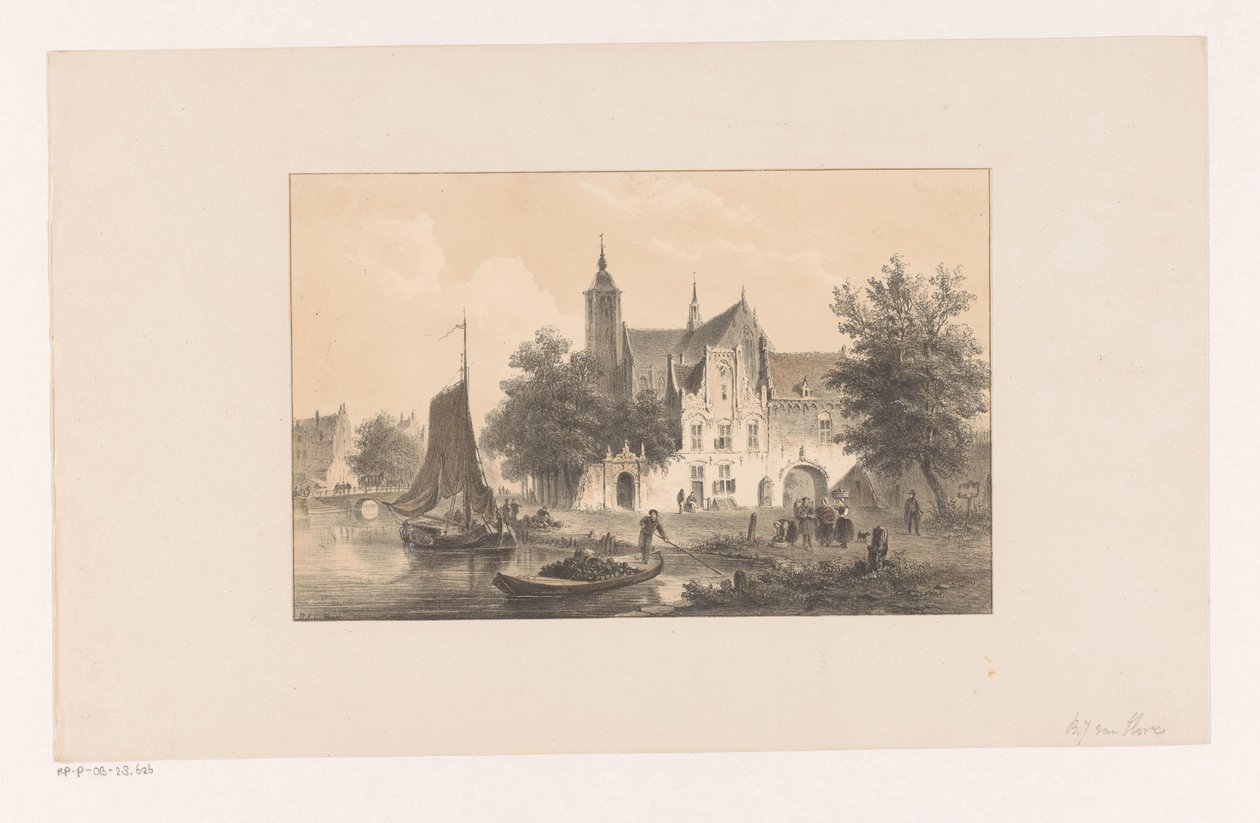 Stadsbild med flod och kyrka av Bartholomeus Johannes van Hove
