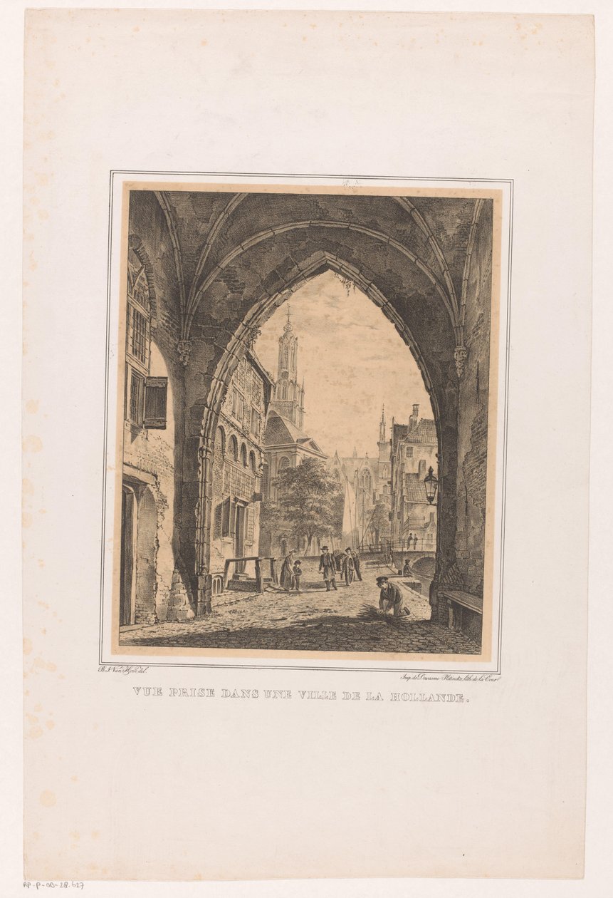 Stadsbild från under en grind Vue pris dans une ville de la Hollande (titel på objekt) av Bartholomeus Johannes van Hove