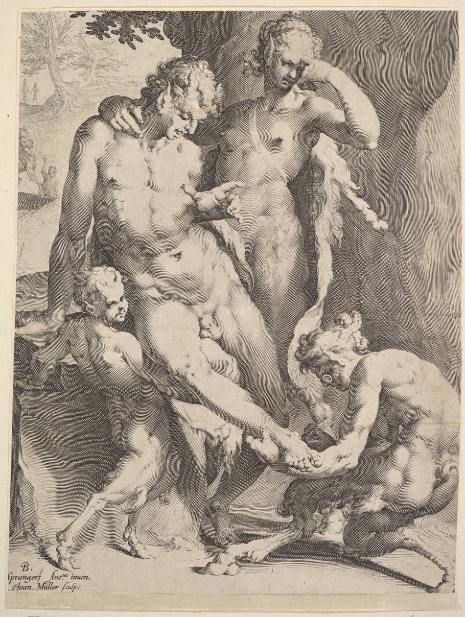 Oreads som tar bort en tagg från en satyrfot, 1590 av Bartholomeus Spranger