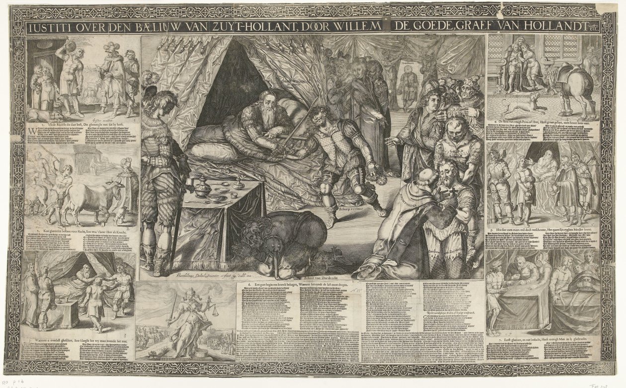 Dom av greve William III om fogden i South Holland, 1336 Iustiti om Baeliuw Van Zuyt-Hollant, av Willem de Goede, Graef van Hollandt etc. (titel på objekt) av Bartholomeus Willemsz. Dolendo (signed by artist)