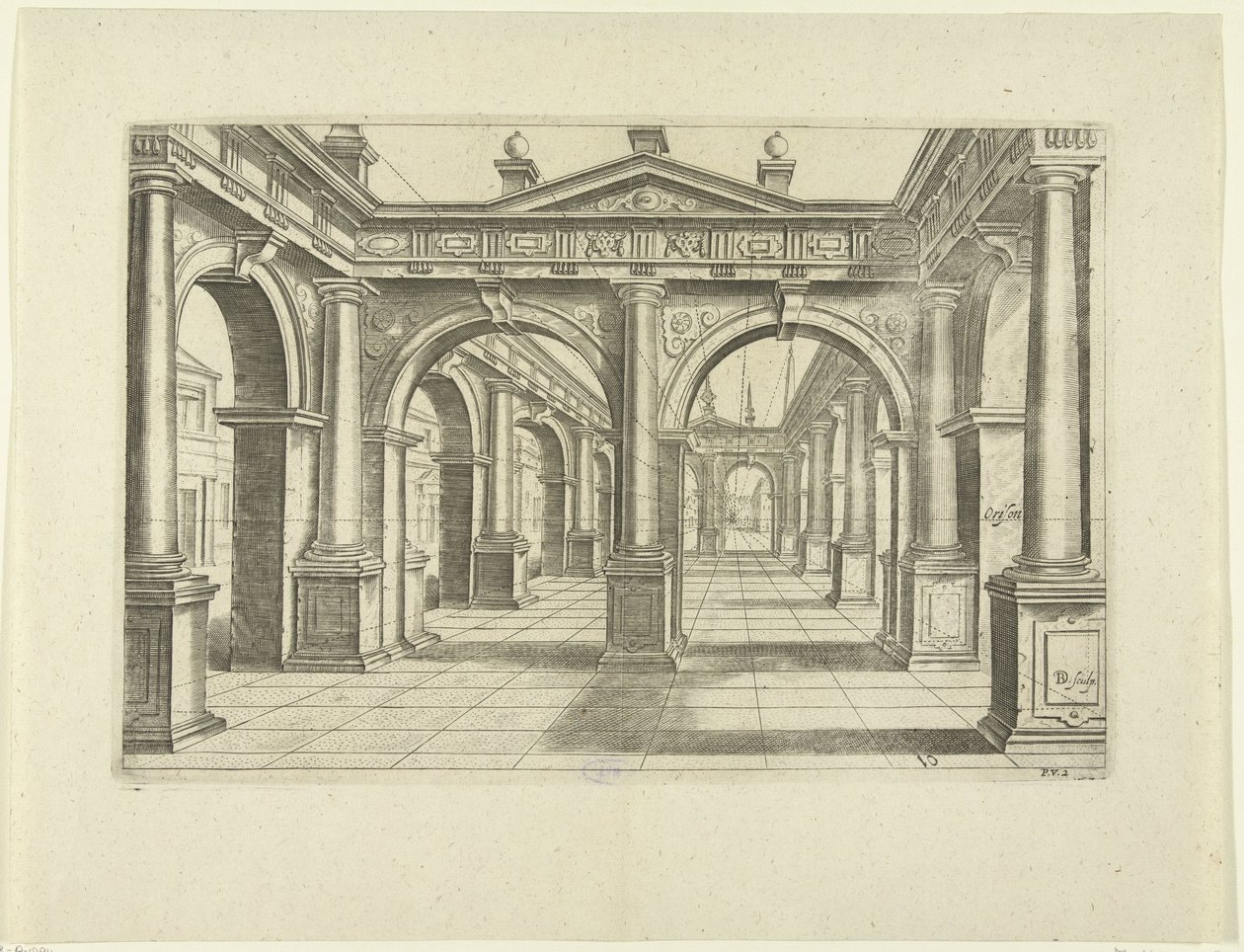 Byggnad med dubbelbåge i mitten i dorisk stil Perspektiv, del 2 (serietitel) av Bartholomeus Willemsz. Dolendo