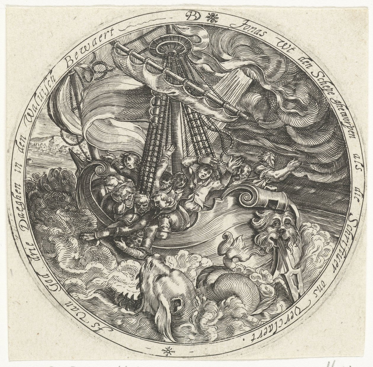 Jonah kastas överbord av sjömännen av Bartholomeus Willemsz. Dolendo