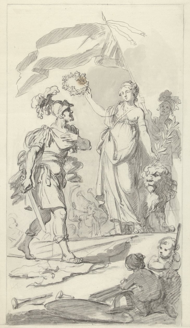 Den tappra bataven krönt av den holländska jungfrun, 1799 Design för monumentet på den nationella festivalen som firar freden den 17 december 1799 (serietitel) av Bartholomeus Ziesenis