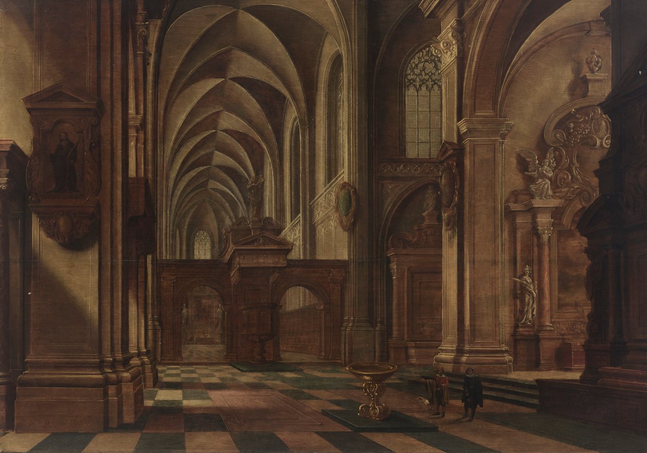 En katolsk kyrkointeriör med figurer och en hund vid en dopfunt i förgrunden av Bartholomeus van Bassen