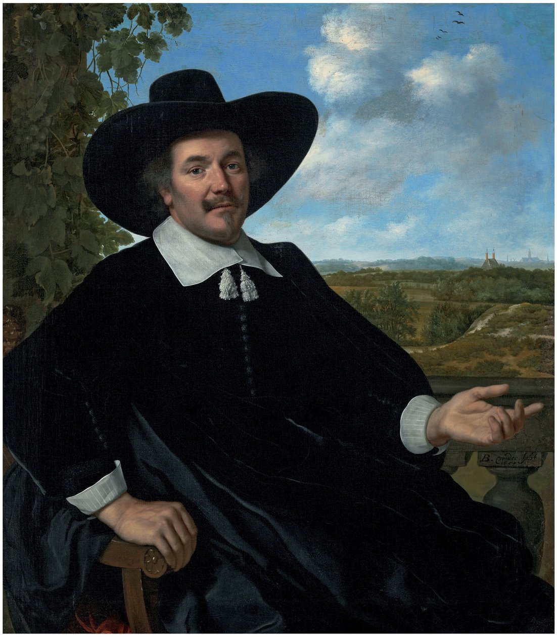 Porträtt av Gabriel Marselis, i trekvartslängd, sittande, framför en balustrad, landskap med ett lantställe och en avlägsen vy över Haarlem bortom av Bartholomeus van der Helst