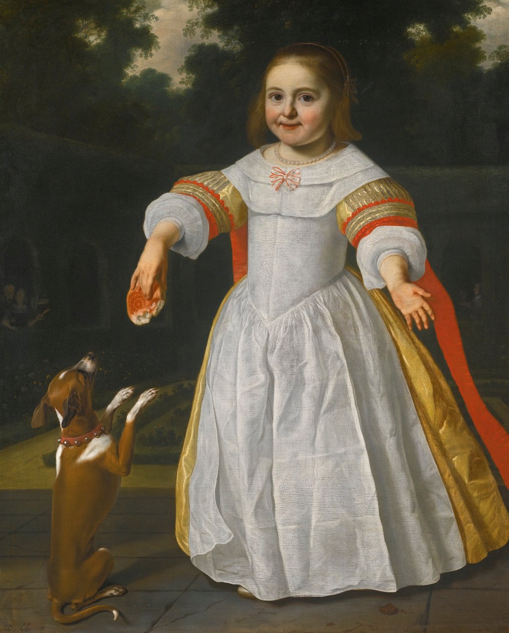 Porträtt av en flicka med brödkaka och en hund av Bartholomeus van der Helst