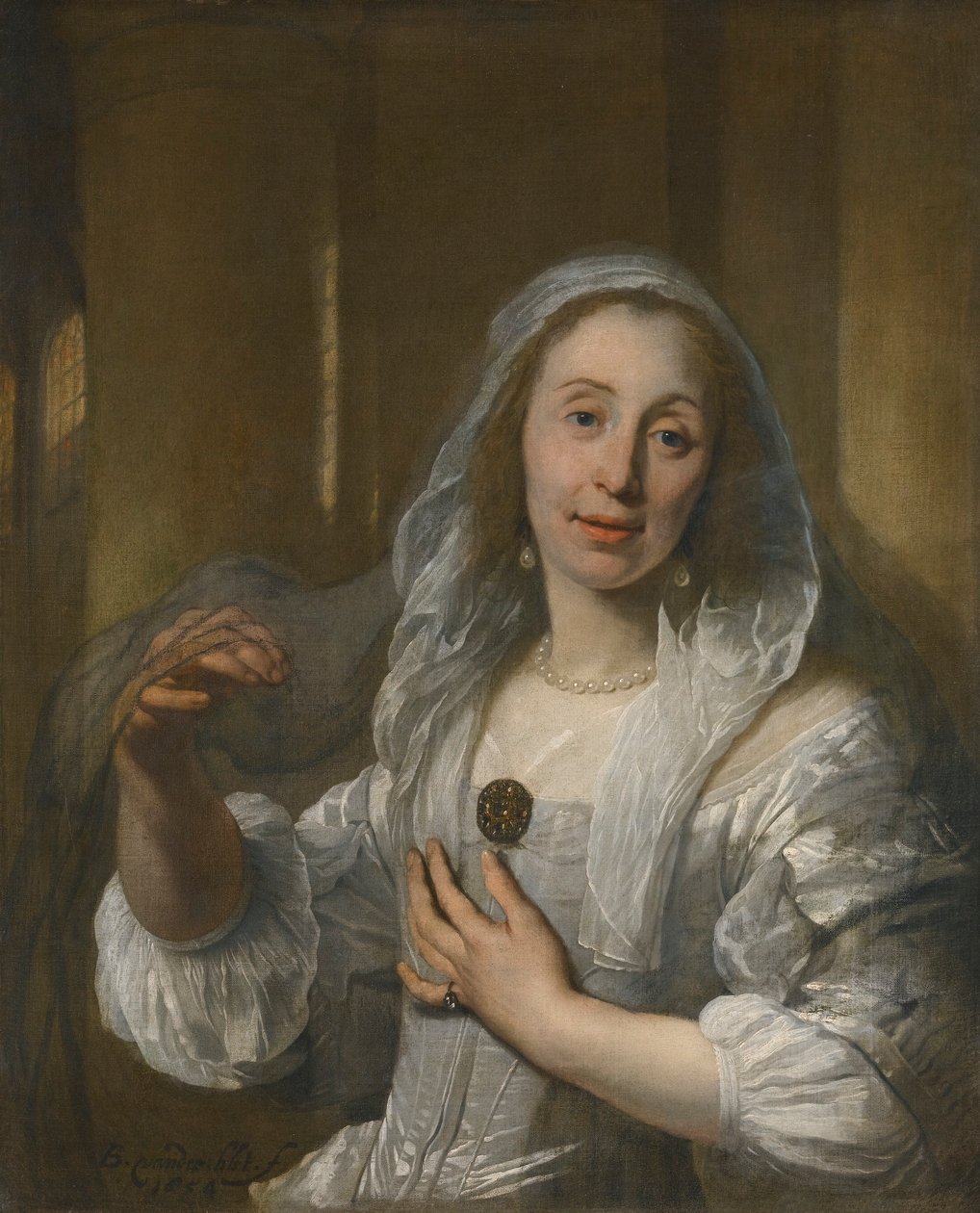 Porträtt av en kvinna i vitt av Bartholomeus van der Helst