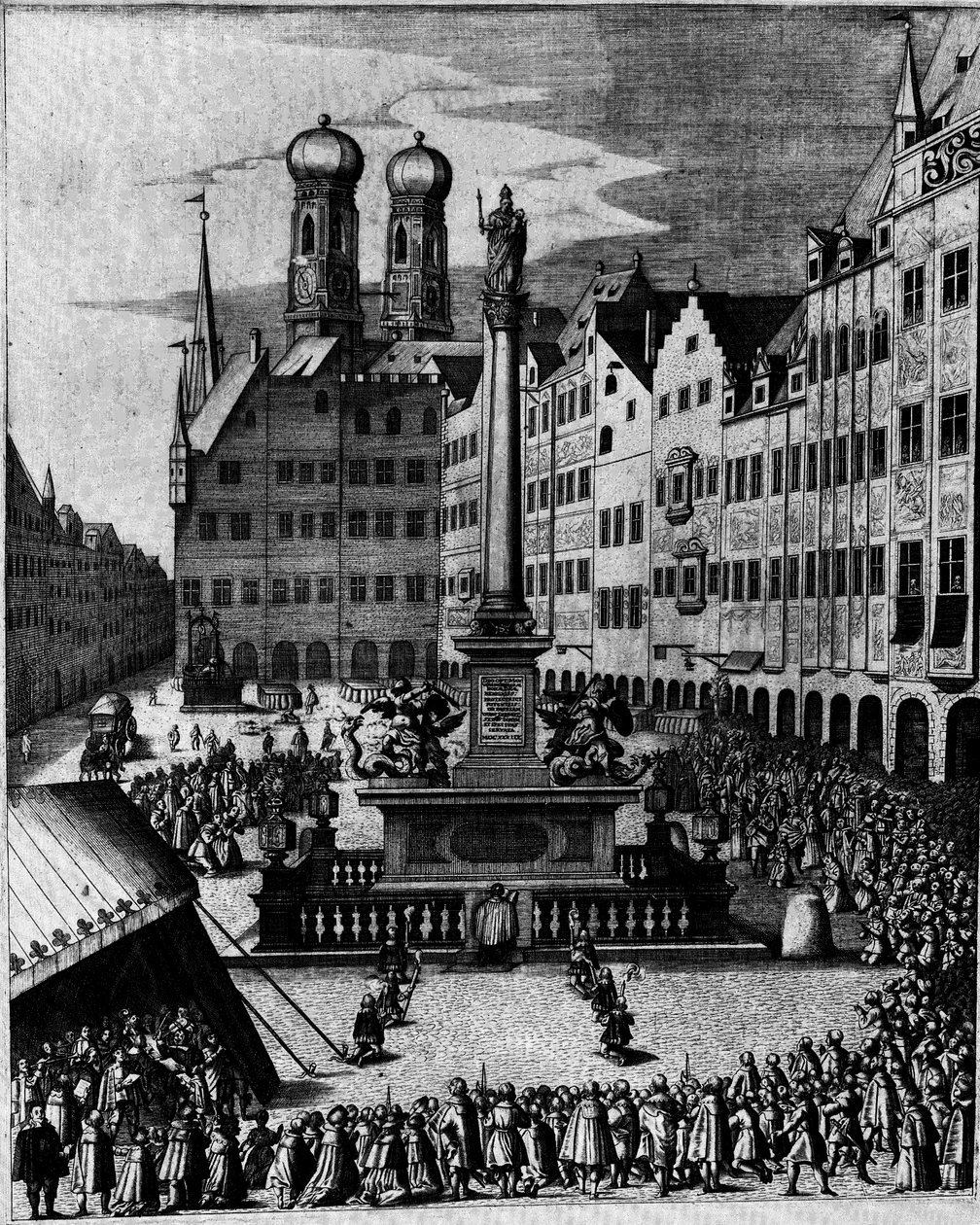 Katolsk mässa på Marienplatz i München, runt Marias pelare, en symbol för den kontrareformatoriska Mariakulten. av Bartholomäus Kilian